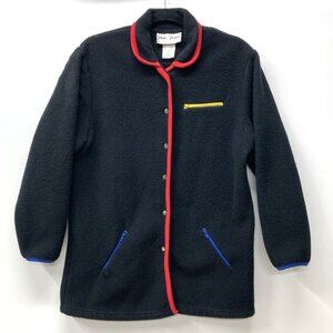 Vintage Niki Peters‎ Fleece Jacket, Size Small, Black Colorful Trim Mid-Length